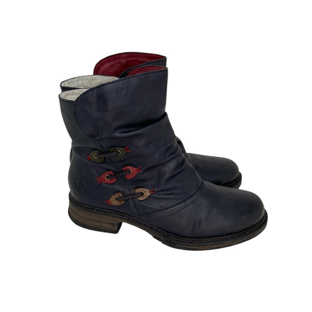 Rieker Booties Blue Leather Ankle Boots Ruched Size 39